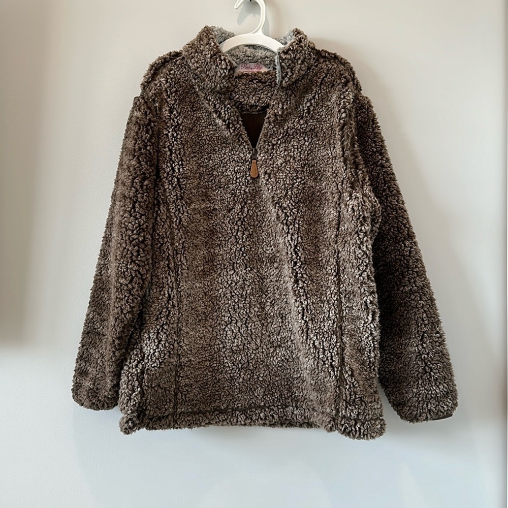 Pink Lily Brown Sherpa Pullover Zip Up Sweatshirt Cozy Warm